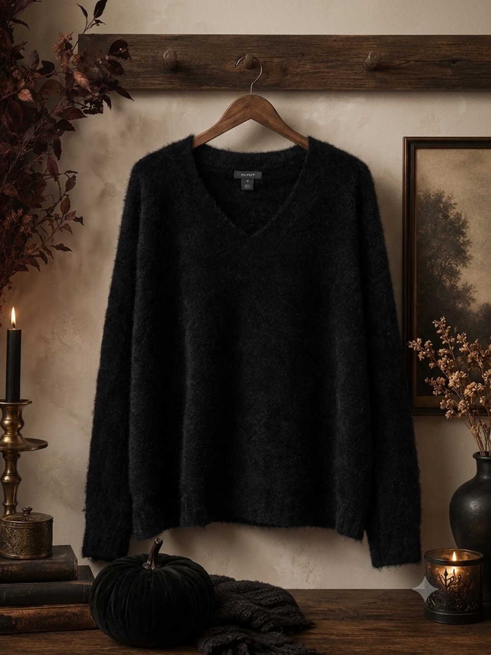 Halogen Black Fuzzy V-Neck Oversized Sweater 2X | Soft Cozy Goth